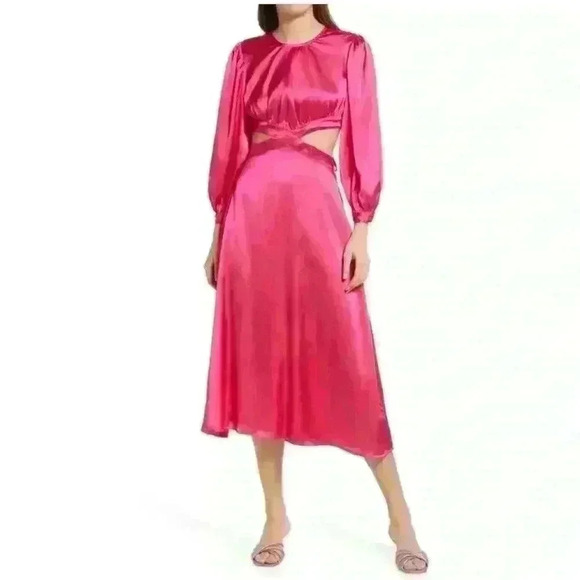 Rahi Cierra Dress Women's small  Fuchsia Satin Midi Cutout Balloon Sleeve new - Picture 5 of 6